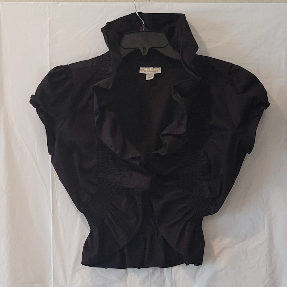 Elegant Black Ruffled Women's Open Crop Blazer